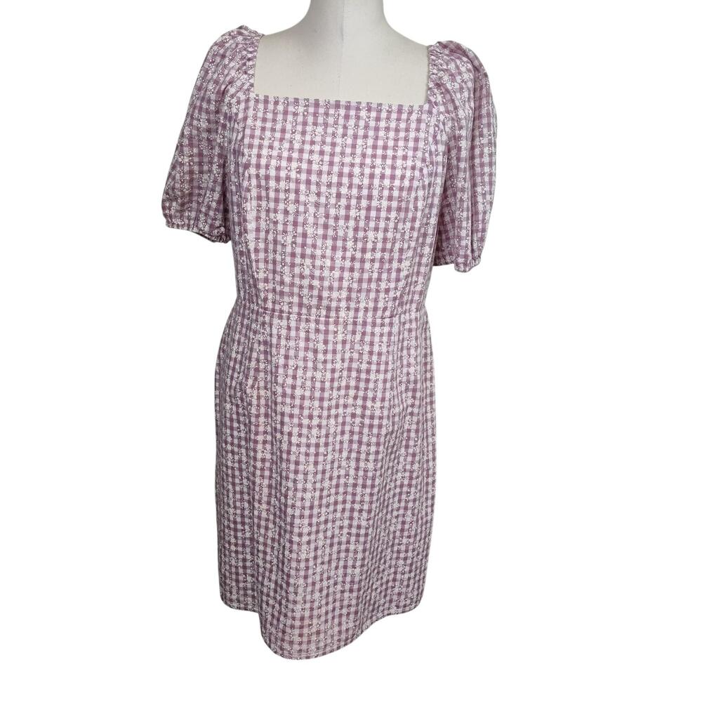 LOFT Outlet Dress Womens 10 Purple Gingham Floral Puff Sleeve Cottagecore Whimsy